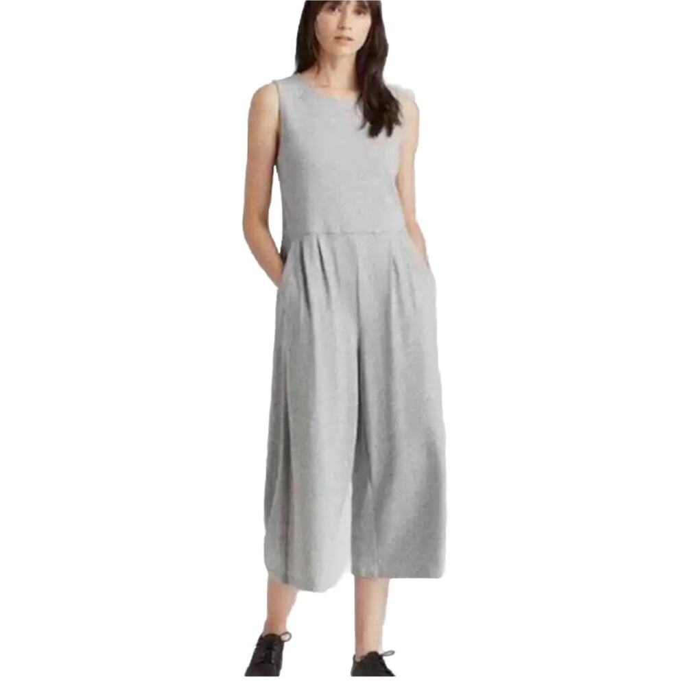 Eileen Fisher Gray Moon Organic Cotton Knit Wide Leg Cropped Jumpsuit Size XL